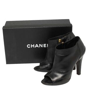 CHANEL Black Leather Open Toe CC Heel Ankle Booties